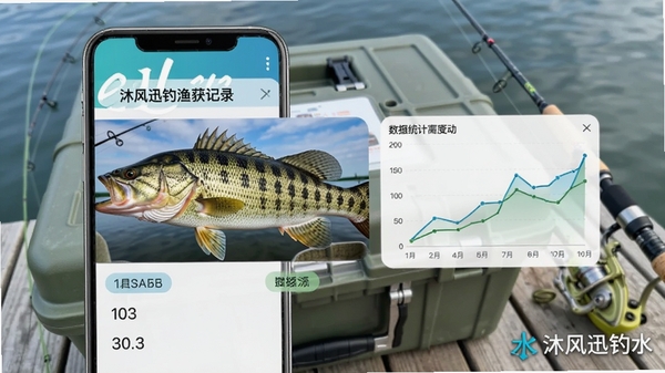 沐风迅钓渔获记录页面,手机界面展示一条大鱼的照片与数据标签,旁边有统计折线图,背景为户外钓箱与鱼竿,色彩明亮自然,软件名称沐风迅钓水印在角落