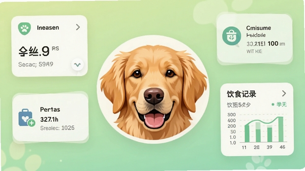 爱犬软件主界面预览图,画面中央是一只金毛犬头像特写,周围环绕着健康数据卡片、疫苗提醒图标和饮食记录图表,背景采用柔和的浅绿色渐变,整体风格温馨明亮,扁平化设计,UI元素清晰排列,适配手机竖屏展示
