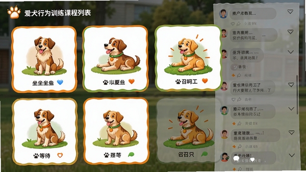 爱犬行为训练课程列表界面,展示坐、卧、等待、召回等训练项目卡片,每张卡片配有狗狗完成动作的插画,背景有社区动态流,显示用户点赞和评论内容,整体配色活泼,采用橙色和绿色点缀,风格轻松明快