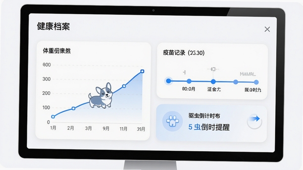 爱犬软件健康档案功能页面截图,显示一只柯基犬的体重曲线图、疫苗记录时间轴和驱虫倒计时提醒卡片,界面以白色为底,蓝色数据线条清晰,卡片圆角设计,整体简洁专业,配文标注“健康档案”