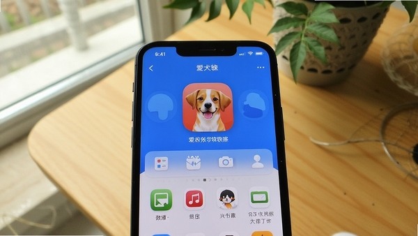 爱犬软件在手机桌面上运行的实拍图,手机屏幕显示主界面,背景为木桌和绿植,光线自然,画面清晰,突出软件图标和界面内容,整体风格生活化