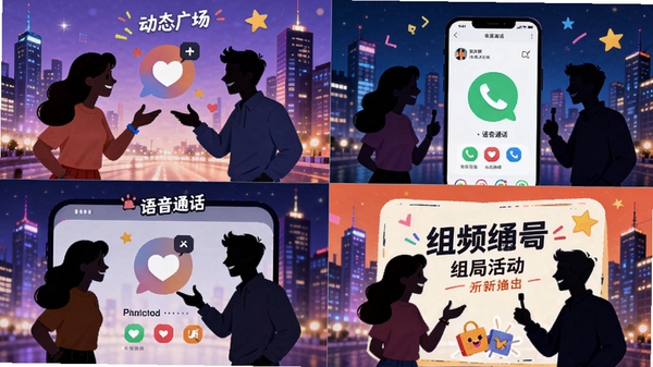 同城情友互动玩法展示图,画面分为四个区域,分别展示动态广场、语音通话界面、视频通话界面和组局活动海报,色彩活泼,人物剪影互动,背景为城市夜景,突出同城社交的多样性与趣味性。