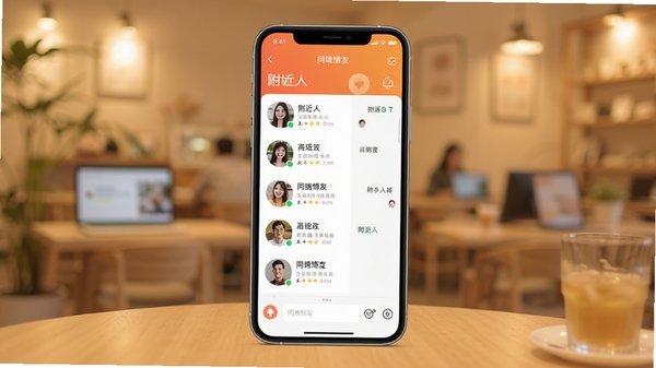同城情友APP主界面预览图,画面中央展示手机屏幕,屏幕内呈现附近的人列表和聊天窗口,背景虚化处理,突出社交主题,整体色调温暖明亮,风格现代简洁,适配移动端竖屏展示。