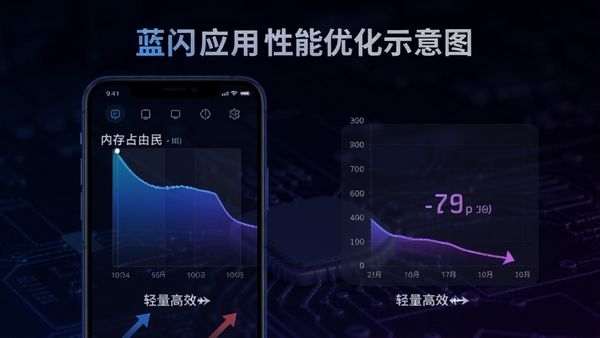 蓝闪应用性能优化示意图,展示手机运行流畅度对比,背景为深色科技感,前景为手机屏幕显示内存占用曲线下降,整体色调为蓝紫渐变,突出轻量高效特点