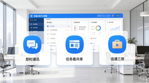 信通云软件主界面概览图,展示即时通讯、任务看板、文件共享三大核心模块,背景为现代简约办公室场景,主体图标清晰,色彩以蓝白为主,风格明亮专业