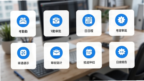 信通云工作台界面截图风格图,显示考勤、审批、日程等图标网格布局,背景为模糊化办公桌,突出功能图标,画面干净整洁,蓝白配色