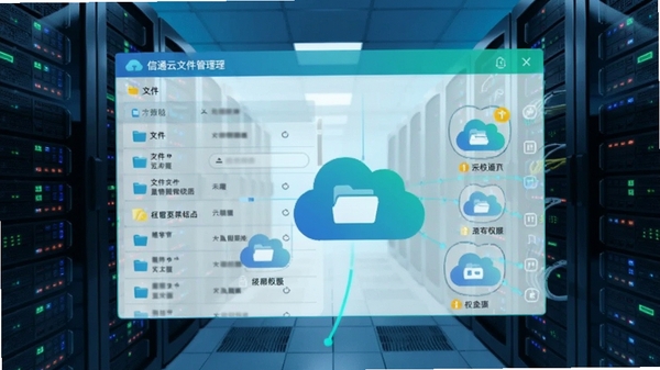 信通云文件管理界面概念图,展示文件夹列表与权限标识,背景为数据服务器机房,主体为云端文件图标,蓝绿色调,科技感强
