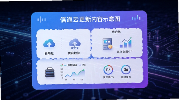 信通云更新内容示意图,展示新功能图标与优化数据,背景为科技感光效,主体为版本更新日志卡片,蓝紫渐变色调,现代扁平风格