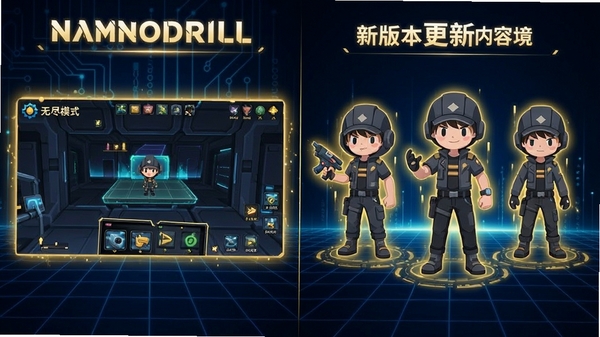 NamekoDrill新版本更新内容展示图,画面分为左右两部分,左边展示无尽模式的游戏界面,右边展示三款新皮肤的角色立绘,背景为深蓝色科技感网格,配以金色光芒特效,风格偏向现代扁平化设计,清晰展示版本亮点,适合Boogu模型生成