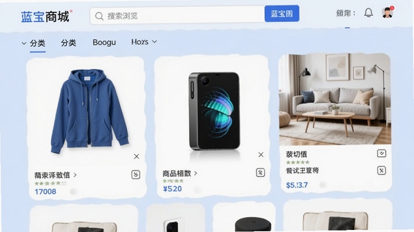 蓝宝商城商品浏览页面,展示多品类商品卡片,包含服饰、数码、家居等,界面整洁,商品图片清晰,背景为淡蓝色,突出搜索栏与分类导航,风格明亮现代,适配Boogu模型生成