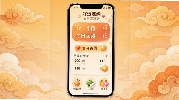 好运连绵软件主界面预览图,展示清新雅致的UI设计,背景为暖色调祥云图案,中央显示今日运势与吉祥黄历信息,界面布局简洁,图标圆润,整体风格温馨祥和,适配手机竖屏显示