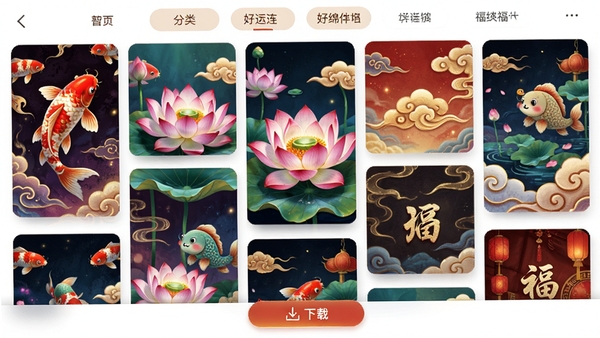 好运连绵福气壁纸中心界面,展示多张精美壁纸缩略图,有锦鲤、莲花、祥云等主题,壁纸风格唯美,色彩鲜艳,界面为瀑布流布局,顶部有分类标签栏,底部有下载按钮,整体视觉冲击力强,富有感染力