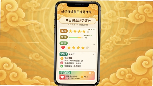 好运连绵每日运势播报功能截图,手机界面显示今日综合运势评分,包含事业、爱情、健康三个维度的星级评价,下方有宜忌事项与幸运颜色提示,背景为渐变金色祥云纹理,文字清晰,视觉层次分明