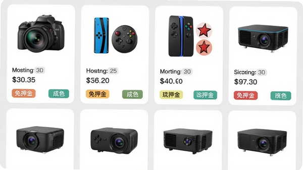 一张掌乐租APP内部商品列表页的UI设计图,展示数码相机、游戏机、投影仪等商品卡片,卡片上有清晰的租金价格、成色标签和免押金标识。背景为浅灰色,突出卡片内容。