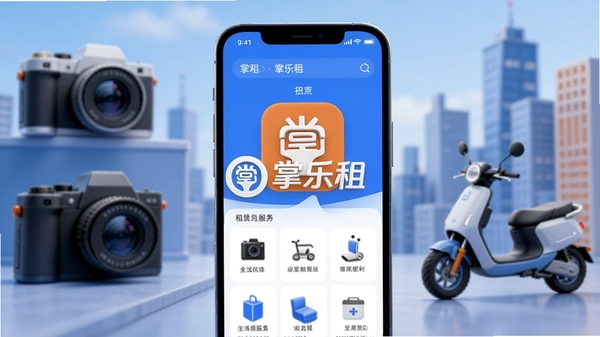 画面主体为掌乐租APP界面在手机屏幕上显示的3D概念图,背景是模糊的现代城市租赁服务场景,包括数码相机、电动车等物品轮廓,整体色调以蓝色和橙色为主,突出科技感与生活便利性,画面中央带有掌乐租的Logo水印。