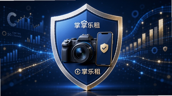 概念图展示一个盾牌图标保护着租赁中的数码相机和手机,背景是抽象的信用评分数据流动线条,色调采用蓝色和金色,强调安全、可靠与高信用值的视觉感受,画面带有掌乐租字样。