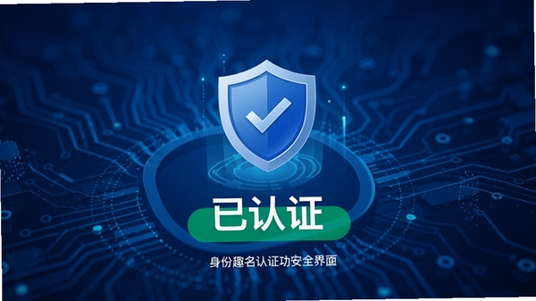 帮忙趣实名认证安全界面,展示身份认证成功的状态页面,带有盾牌图标和“已认证”字样,背景为抽象的蓝色科技纹理,传递安全可靠的感觉