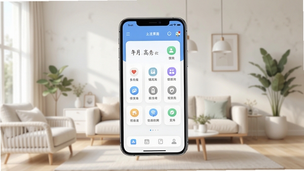 帮忙趣软件主界面预览图,画面中心显示手机应用首页,功能图标整齐排列,背景为现代简约风格的生活场景,色调明亮柔和,突出便捷高效的服务氛围