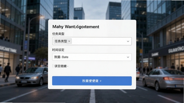 帮忙趣一键发布任务功能截图,展示简洁的发布界面,包含任务类型选择、时间设定等选项,背景为模糊的现代都市街头,突出快捷与便利
