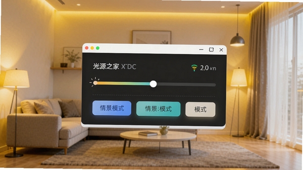 光源之家软件主界面预览图,展示智能照明控制面板,背景为现代简约客厅,暖黄色灯光氛围,界面有亮度调节滑杆和情景模式按钮,整体明亮清晰,适合应用商店截图风格