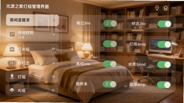 光源之家灯组管理界面图,左侧为房间列表,右侧显示各灯组开关状态,背景是温馨的卧室与书房场景,画面干净,色彩柔和,突出分组控制逻辑