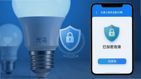 光源之家安全配对界面图,背景为智能灯泡特写,界面显示“已加密连接”图标,画面有盾牌标识,色调偏蓝,传达安全可靠的视觉感受