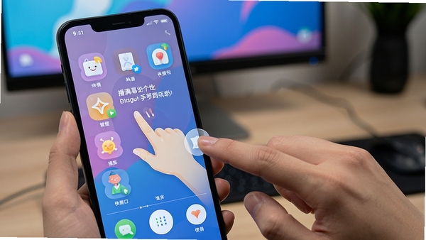 播满易个性化手势设置界面,画面展示用户正在屏幕上绘制手势以触发快捷操作,背景为个性化定制的手机主题壁纸,突出交互的自由度与趣味性