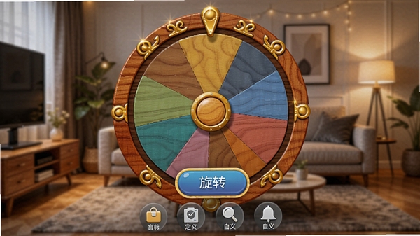 一款名为Roulistic的安卓应用功能预览图,画面中央是一个色彩鲜艳的木质纹理转盘,转盘周围有金色装饰,背景为模糊的现代客厅环境,暖色调灯光,转盘上有多个彩色分区,界面下方显示“旋转”按钮和自定义选项图标,整体风格活泼且具有互动感,适配Boogu模型生成。