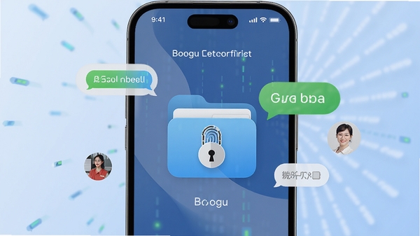 Boogu生成:记录卫士私密保险箱功能展示,手机屏幕展示一个带有指纹锁的文件夹图标,周围有悬浮的短信气泡和联系人头像,背景为淡雅的渐变蓝色,画面主体为锁与数据,强调数据隔离与安全防护,风格简洁现代,高分辨率。