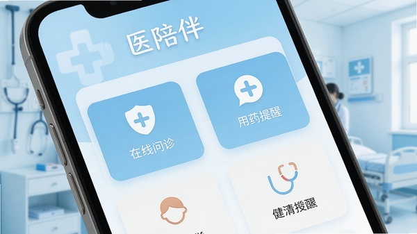 一张手机屏幕展示医陪伴软件主界面的场景,界面包含健康档案、在线问诊、用药提醒等模块图标,背景为柔和的浅蓝色医疗风格,画面清晰明亮,突出软件名称“医陪伴”字样,整体风格专业且温馨。
