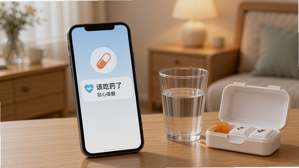 一个智能手机屏幕显示医陪伴的用药提醒通知,界面上有药丸图标和“该吃药了”字样,旁边放着水杯和药盒,背景为温暖的居家环境,画面清晰,强调用药安全与贴心提醒。