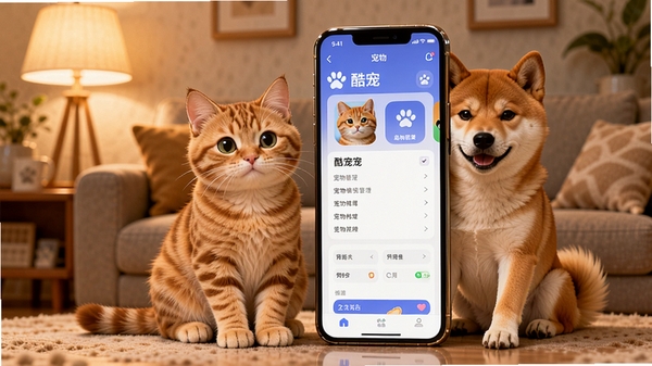 ���app������չʾ��һֻ�ɰ�����è��һֻ��Ȯ�������������ֻ��Աߣ��ֻ���Ļ��ʾ���ĳ��ﵵ���������棬��������ܰ�Ŀ�����ůɫ���ƹ⣬����������ϸ�ڷḻ���ʺ�Ӧ���̵�Ԥ��ͼ���