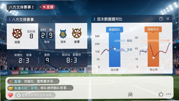 八方文体赛事直播界面截图,包含实时比分更新、球队数据对比图表,底部有直播互动评论区域,整体风格明亮清晰
