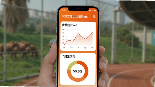八方文体运动记录功能展示,显示步数统计折线图、卡路里消耗环形图,背景为活力橙色,手机界面简洁大方