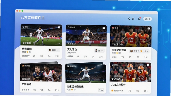 八方文体软件主界面预览图,展示首页聚合的体育赛事与文化活动卡片,背景为渐变色科技蓝,界面元素清晰,现代感强