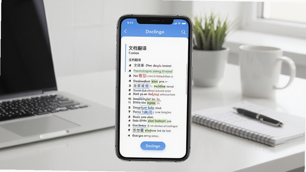 Doclingo应用主界面预览图,展示文档翻译功能,背景为办公桌面,中央显示手机屏幕,屏幕内呈现中英文对照翻译效果,界面简洁现代,色彩清新,光线明亮,突出软件核心功能,适配Boogu模型生成