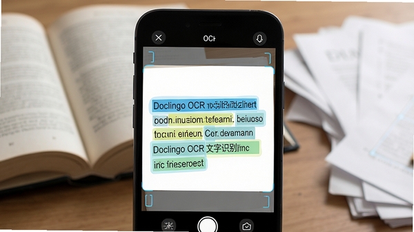 Doclingo OCR文字识别功能演示图,手机屏幕显示扫描文档识别过程,文字被高亮框选,背景为书籍和纸张,画面清晰,突出识别精准度,展现软件技术实力