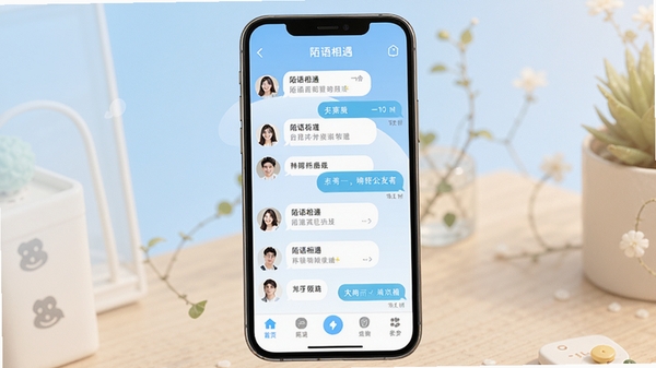陌语相遇软件主界面预览图,展示其清新简洁的聊天列表和底部功能导航栏,背景为柔和的渐变蓝色,画面主体突出手机屏幕中的对话气泡和用户头像,整体风格明亮温暖,体现轻松交友氛围