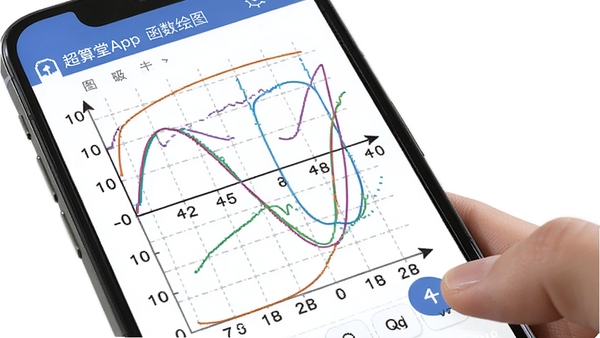 超算堂App的函数绘图功能展示,显示手机屏幕上绘制着多条不同颜色的函数曲线,包括正弦波、抛物线等,坐标轴带有网格,背景为白色,界面明亮清晰,突出图形可视化与互动性