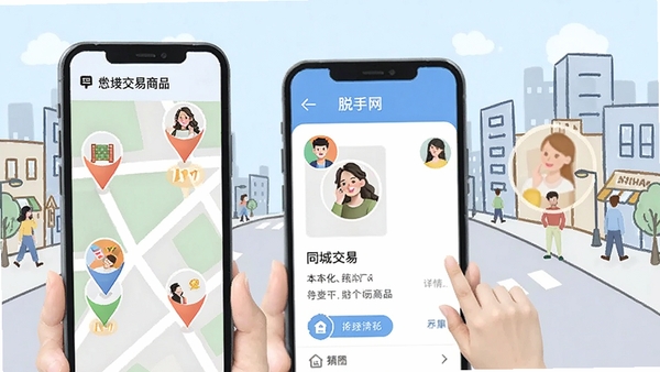 脱手网同城交易场景示意图,手机地图上显示附近商品标记点,两个用户头像在商品详情页交互,背景为城市街道简笔画风格,色调清新,强调本地化交易特色,适配Boogu模型生成
