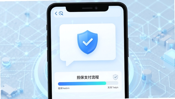 脱手网安全交易功能展示图,对话气泡界面带有安全盾牌图标,下方显示担保支付流程进度条,背景为淡蓝色科技感网格,突出信任与安全主题,画面简洁清晰
