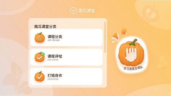 南瓜课堂软件主界面预览图,画面中央展示课程分类列表,背景为柔和渐变色,配有学习进度打卡图标,整体风格明亮简洁