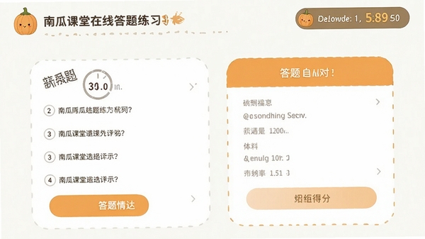 南瓜课堂在线答题练习界面,显示选择题与答题卡,背景简洁,有计时与得分显示元素,风格清新