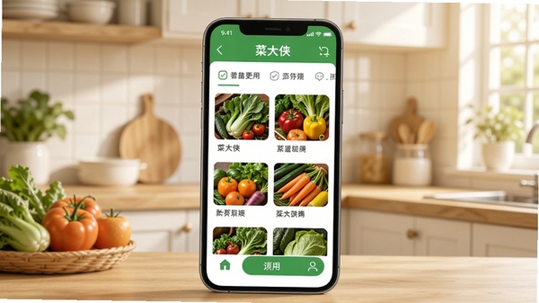菜大侠应用主界面预览图,手机屏幕展示新鲜蔬果列表和分类导航,背景是温馨明亮的厨房场景,画面清晰写实,突出食材新鲜度和应用易用性