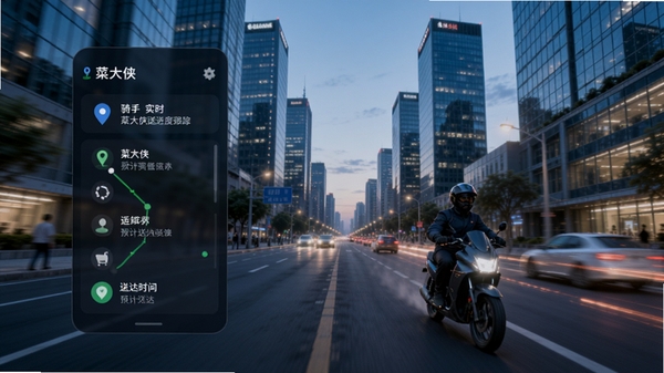 菜大侠配送进度跟踪界面,显示骑手实时位置和预计送达时间,背景是城市街道和写字楼,画面动感现代