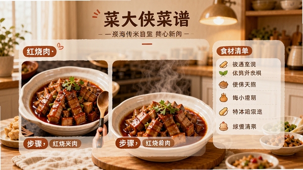 菜大侠菜谱详情页,展示红烧肉步骤图和食材清单,背景是温馨的家庭餐厅,画面诱人,突出功能实用性