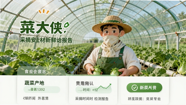 菜大侠食材溯源信息页面,展示蔬菜产地、采摘时间和检测报告,背景是绿色田园大棚,画面明亮清新,强调食品安全和新鲜度