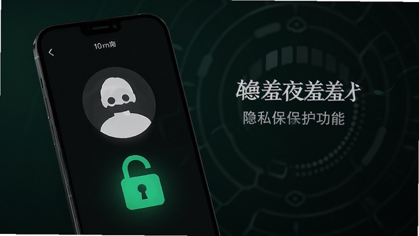 羞羞夜聊隐私保护功能展示图,手机界面显示匿名头像和加密锁图标,背景为墨绿色和黑色搭配,突出安全感和神秘感