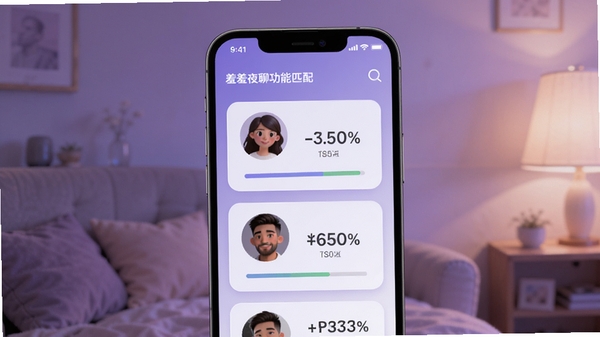 羞羞夜聊智能匹配功能示意图,手机界面显示多个用户头像卡片,带有匹配度百分比,背景为柔和紫色渐变,画面温馨现代
