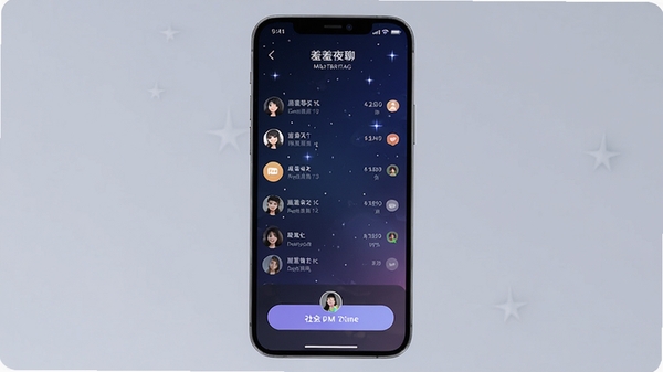 羞羞夜聊软件主界面预览图,手机屏幕显示聊天列表和匹配按钮,背景为深蓝色星空渐变,整体风格时尚简约,突出社交氛围